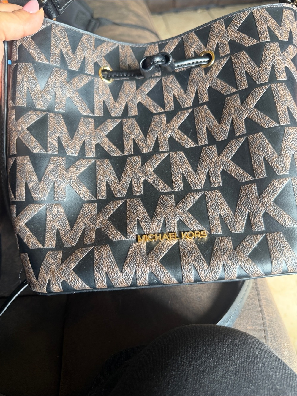Michael Kors Black and Brown MK Logo Drawstring Belt Bag